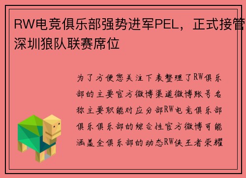 RW电竞俱乐部强势进军PEL，正式接管深圳狼队联赛席位